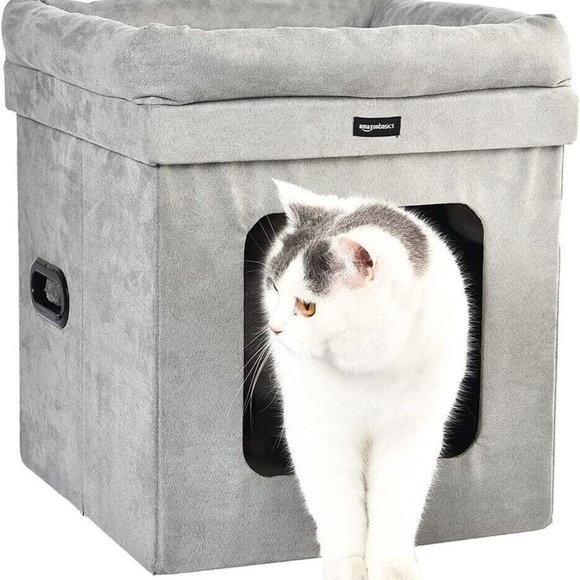 Amazon Basics Collapsible Cube Cat Bed, 15 x 15 x 17 Inches, Grey - Picture 2 of 4